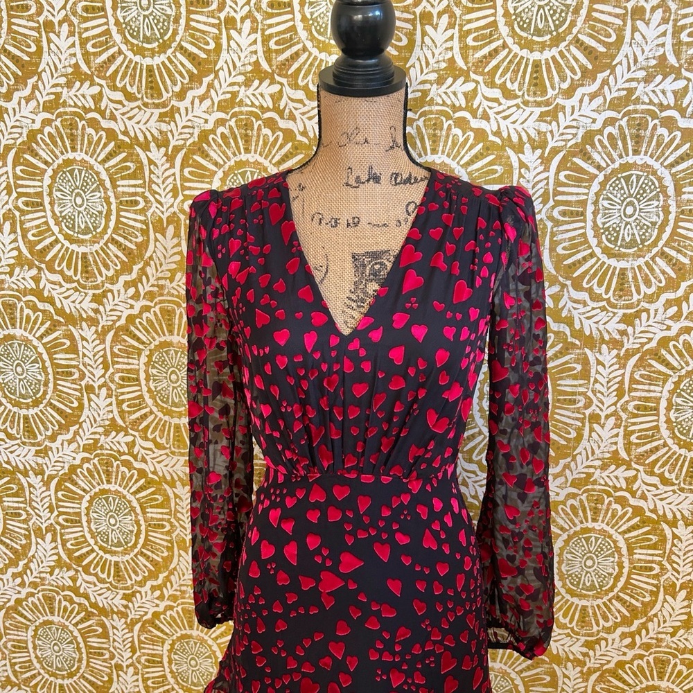 SALONI Alya Heart-Print Jacquard Long Sleeve Silk-Blend Mini Dress Sz 0 - Picture 10 of 16